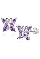 nice silver purple butterfly baby birthstone earrings